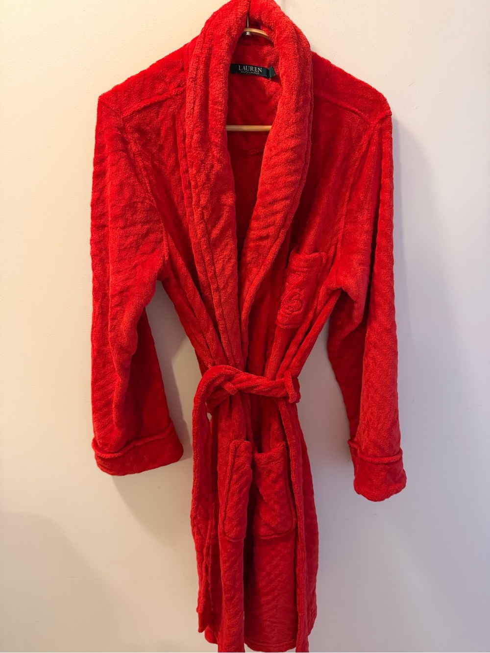 Ralph Lauren Plush Red Robe Womenβs L LRL Monogram Belted Bathrobe